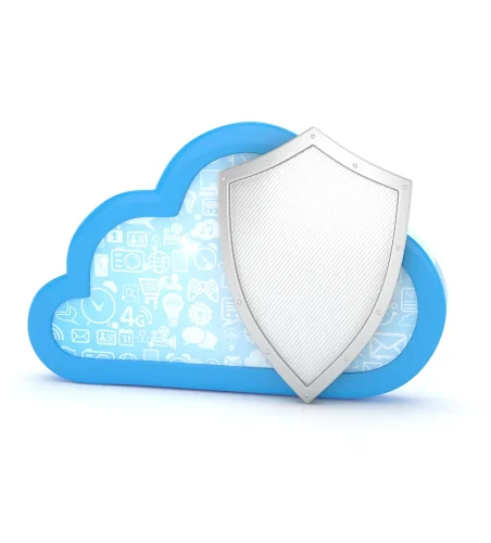 shield over blue cloud to represent cloud cybersecurity