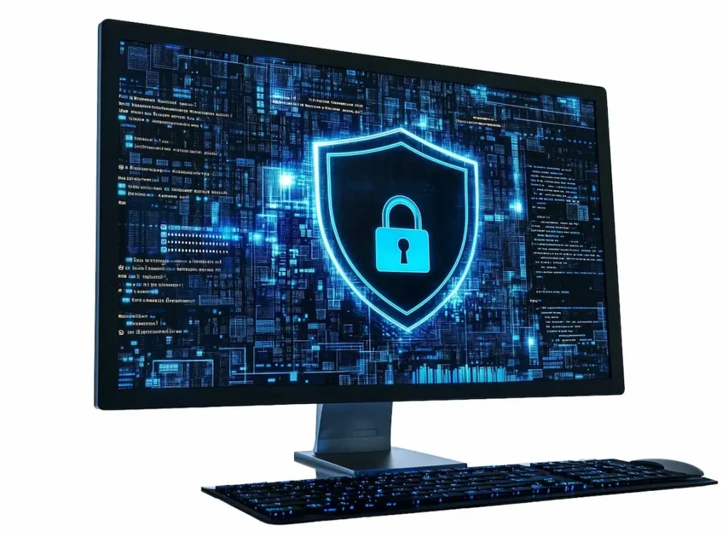 cybersecurity shield on desktop screen